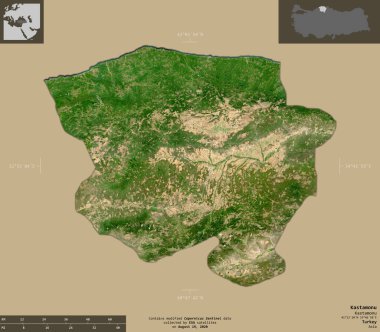 Kastamonu, Türkiye ili. Sentinel-2 uydu görüntüleri. Bilgilendirici örtülerle sağlam arkaplanda izole edilmiş şekil. Değiştirilmiş Kopernik Sentinel verileri içerir