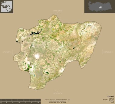 Kayseri, Türkiye ili. Sentinel-2 uydu görüntüleri. Bilgilendirici örtülerle sağlam arkaplanda izole edilmiş şekil. Değiştirilmiş Kopernik Sentinel verileri içerir