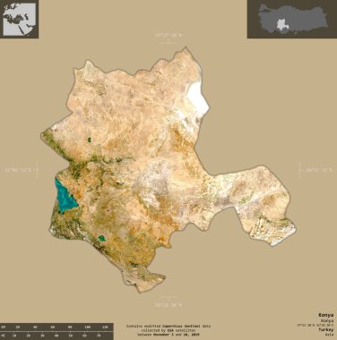 Konya, Türkiye ili. Sentinel-2 uydu görüntüleri. Bilgilendirici örtülerle sağlam arkaplanda izole edilmiş şekil. Değiştirilmiş Kopernik Sentinel verileri içerir