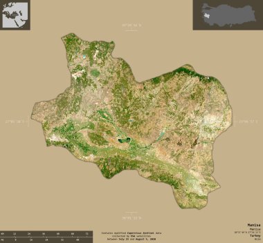 Manisa, Türkiye ili. Sentinel-2 uydu görüntüleri. Bilgilendirici örtülerle sağlam arkaplanda izole edilmiş şekil. Değiştirilmiş Kopernik Sentinel verileri içerir
