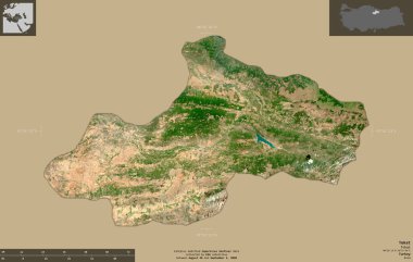 Tokat, Türkiye ili. Sentinel-2 uydu görüntüleri. Bilgilendirici örtülerle sağlam arkaplanda izole edilmiş şekil. Değiştirilmiş Kopernik Sentinel verileri içerir