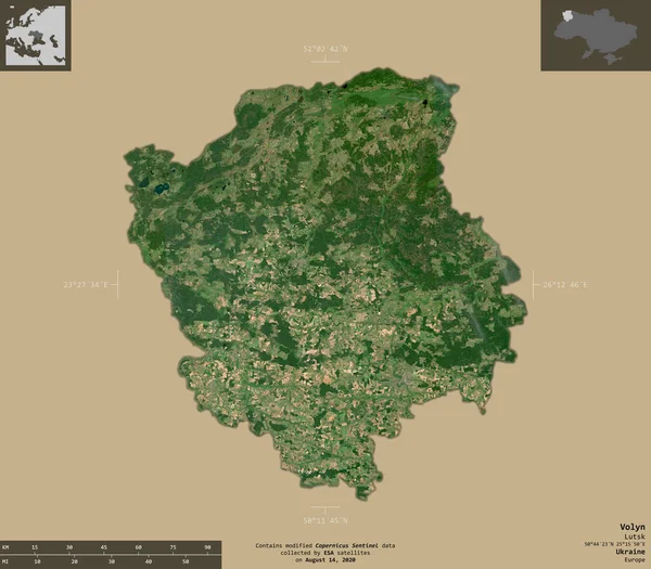 Volyn 乌克兰地区 2号卫星图像 在坚实的背景上与信息覆盖隔离的形状 包含修改后的哥白尼哨兵数据 — 图库照片