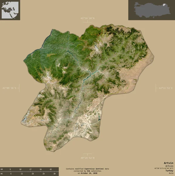 Artvin Provinsen Turkiet Satellitbilder Från Sentinel Form Isolerad Solid Bakgrund — Stockfoto