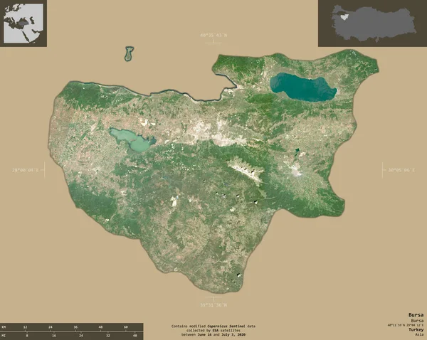 Bursa Provinsen Turkiet Satellitbilder Från Sentinel Form Isolerad Solid Bakgrund — Stockfoto