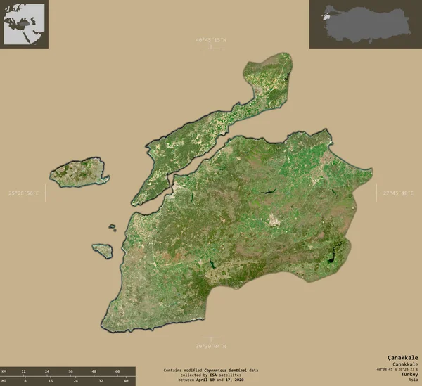 トルコの州 カナカレ センチネル 2衛星画像 有益なオーバーレイと固体背景に隔離形状 修正されたコペルニクスセンチネルデータが含まれています — ストック写真