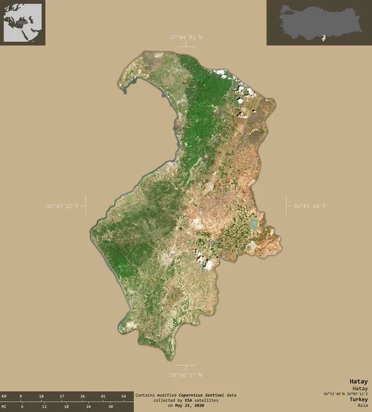 ハタイ トルコの州 センチネル 2衛星画像 有益なオーバーレイと固体背景に隔離形状 修正されたコペルニクスセンチネルデータが含まれています — ストック写真