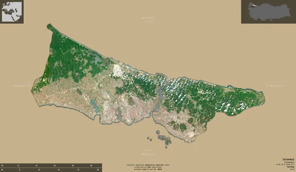 Istanbul, province of Turkey. Sentinel-2 satellite imagery. Shape isolated on solid background with informative overlays. Contains modified Copernicus Sentinel data