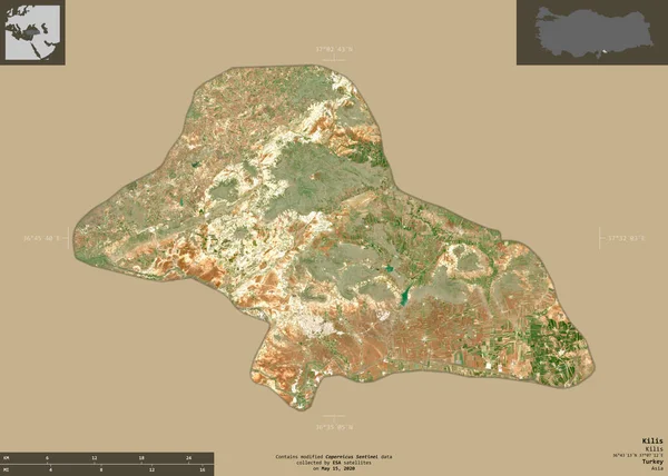 土耳其的基里斯省 2号卫星图像 在坚实的背景上与信息覆盖隔离的形状 包含修改后的哥白尼哨兵数据 — 图库照片