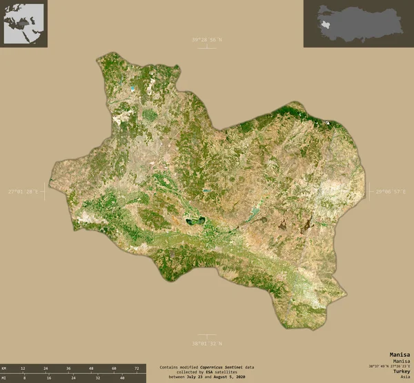 トルコの州 マニサ センチネル 2衛星画像 有益なオーバーレイと固体背景に隔離形状 修正されたコペルニクスセンチネルデータが含まれています — ストック写真