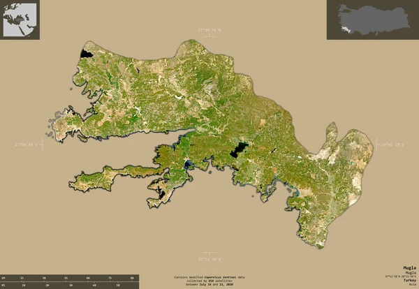 Mugla Provincie Turecko Sentinel Satelitní Snímky Tvar Izolovaný Pevném Pozadí — Stock fotografie