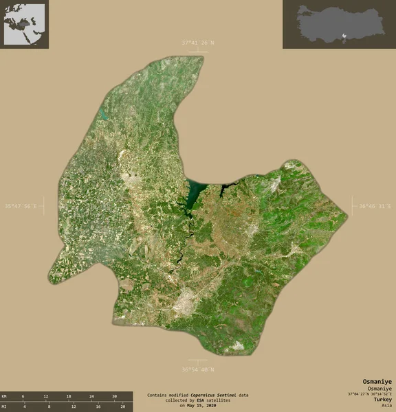 トルコのオスマニエ州 センチネル 2衛星画像 有益なオーバーレイと固体背景に隔離形状 修正されたコペルニクスセンチネルデータが含まれています — ストック写真