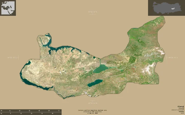 Elazg Province Turkey 2号卫星图像 在坚实的背景上与信息覆盖隔离的形状 包含修改后的哥白尼哨兵数据 — 图库照片