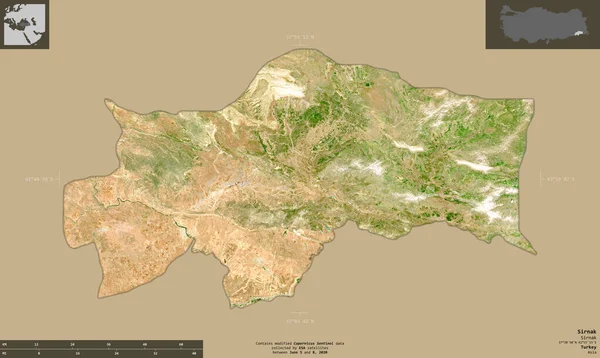 トルコのシルナク州 センチネル 2衛星画像 有益なオーバーレイと固体背景に隔離形状 修正されたコペルニクスセンチネルデータが含まれています — ストック写真