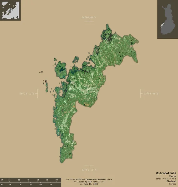 Ostrobothnia 芬兰地区 2号卫星图像 在坚实的背景上与信息覆盖隔离的形状 包含修改后的哥白尼哨兵数据 — 图库照片