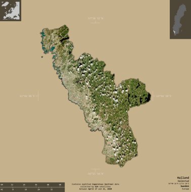 Halland, İsveç Bölgesi. Sentinel-2 uydu görüntüleri. Bilgilendirici örtülerle sağlam arkaplanda izole edilmiş şekil. Değiştirilmiş Kopernik Sentinel verileri içerir