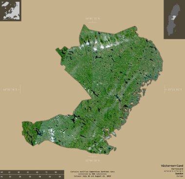 Vasternorrland, İsveç Bölgesi. Sentinel-2 uydu görüntüleri. Bilgilendirici örtülerle sağlam arkaplanda izole edilmiş şekil. Değiştirilmiş Kopernik Sentinel verileri içerir