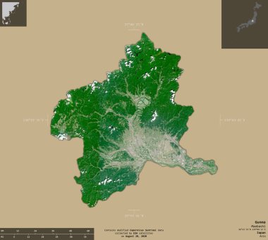 Gunma, Japonya Eyaleti. Sentinel-2 uydu görüntüleri. Bilgilendirici örtülerle sağlam arkaplanda izole edilmiş şekil. Değiştirilmiş Kopernik Sentinel verileri içerir