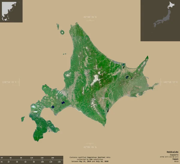 北海道 日本的电路 2号卫星图像 在坚实的背景上与信息覆盖隔离的形状 包含修改后的哥白尼哨兵数据 — 图库照片