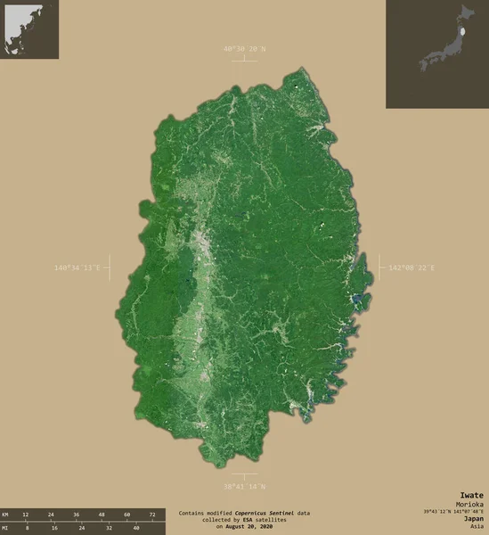 Iwate 日本都道府县 2号卫星图像 在坚实的背景上与信息覆盖隔离的形状 包含修改后的哥白尼哨兵数据 — 图库照片
