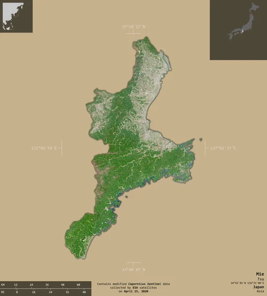 Mie Prefektura Japonii Zdjęcia Satelitarne Sentinela Kształt Odizolowany Solidnym Tle — Zdjęcie stockowe