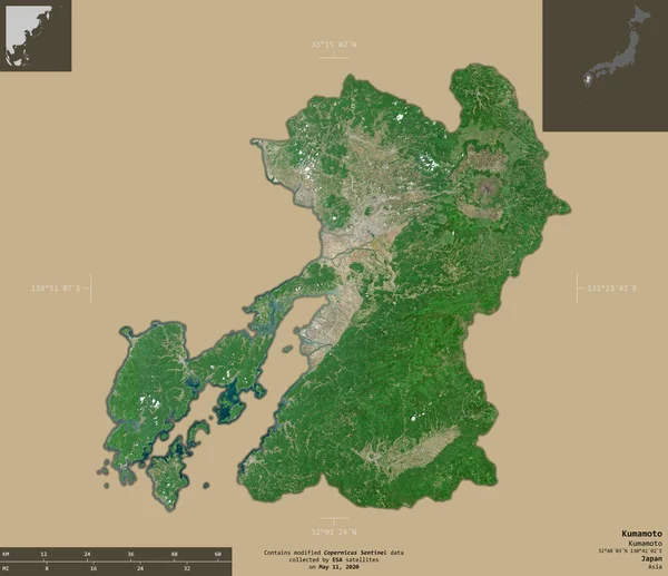 Kumamoto Prefectura Japón Imágenes Satelitales Sentinel Forma Aislada Sobre Fondo — Foto de Stock