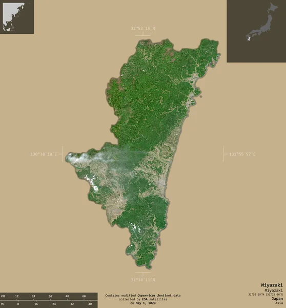 Miyazaki Prefettura Del Giappone Immagini Satellitari Sentinel Forma Isolata Fondo — Foto Stock