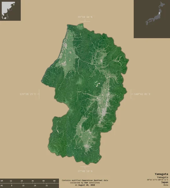 日本山田县 2号卫星图像 在坚实的背景上与信息覆盖隔离的形状 包含修改后的哥白尼哨兵数据 — 图库照片