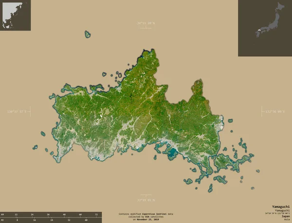 日本山口县山口哨兵 2号卫星图像 在坚实的背景上与信息覆盖隔离的形状 包含修改后的哥白尼哨兵数据 — 图库照片