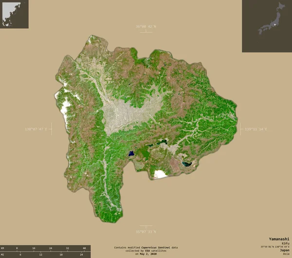 Yamanashi Prefettura Del Giappone Immagini Satellitari Sentinel Forma Isolata Fondo — Foto Stock