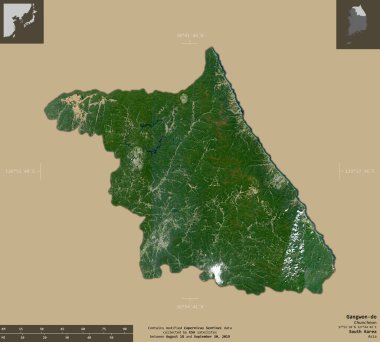 Gangwon-do, Güney Kore vilayeti. Sentinel-2 uydu görüntüleri. Bilgilendirici örtülerle sağlam arkaplanda izole edilmiş şekil. Değiştirilmiş Kopernik Sentinel verileri içerir