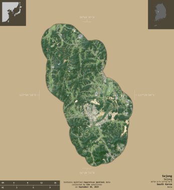 Sejong, Güney Kore 'nin özerk şehri. Sentinel-2 uydu görüntüleri. Bilgilendirici örtülerle sağlam arkaplanda izole edilmiş şekil. Değiştirilmiş Kopernik Sentinel verileri içerir