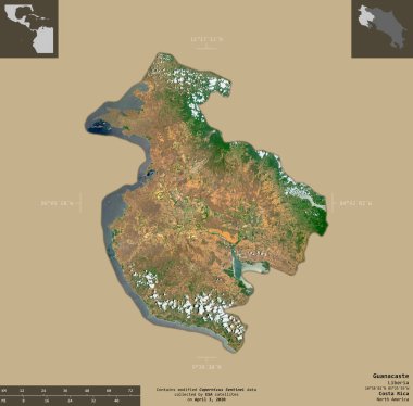Guanacaste, Kosta Rika vilayeti. Sentinel-2 uydu görüntüleri. Bilgilendirici örtülerle sağlam arkaplanda izole edilmiş şekil. Değiştirilmiş Kopernik Sentinel verileri içerir