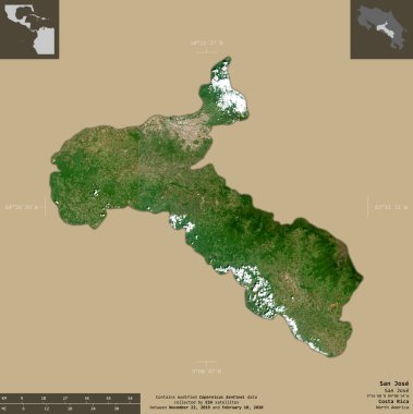 San Jose, Kosta Rika vilayeti. Sentinel-2 uydu görüntüleri. Bilgilendirici örtülerle sağlam arkaplanda izole edilmiş şekil. Değiştirilmiş Kopernik Sentinel verileri içerir
