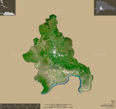 Azua, Dominik Cumhuriyeti ili. Sentinel-2 uydu görüntüleri. Bilgilendirici örtülerle sağlam arkaplanda izole edilmiş şekil. Değiştirilmiş Kopernik Sentinel verileri içerir