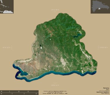 Peravia, Dominik Cumhuriyeti ili. Sentinel-2 uydu görüntüleri. Bilgilendirici örtülerle sağlam arkaplanda izole edilmiş şekil. Değiştirilmiş Kopernik Sentinel verileri içerir