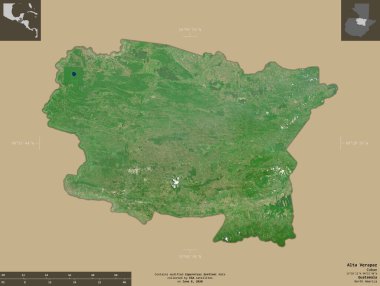 Alta Verapaz, Guatemala Departmanı. Sentinel-2 uydu görüntüleri. Bilgilendirici örtülerle sağlam arkaplanda izole edilmiş şekil. Değiştirilmiş Kopernik Sentinel verileri içerir