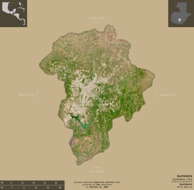 Guatemala, Guatemala Bölümü. Sentinel-2 uydu görüntüleri. Bilgilendirici örtülerle sağlam arkaplanda izole edilmiş şekil. Değiştirilmiş Kopernik Sentinel verileri içerir