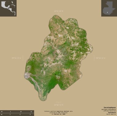 Sacatepequez, Guatemala Departmanı. Sentinel-2 uydu görüntüleri. Bilgilendirici örtülerle sağlam arkaplanda izole edilmiş şekil. Değiştirilmiş Kopernik Sentinel verileri içerir