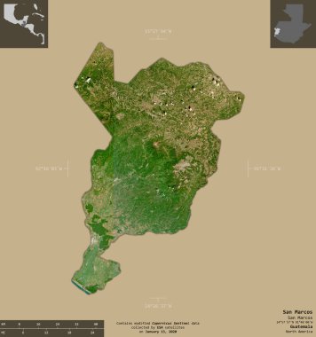 San Marcos, Guatemala Departmanı. Sentinel-2 uydu görüntüleri. Bilgilendirici örtülerle sağlam arkaplanda izole edilmiş şekil. Değiştirilmiş Kopernik Sentinel verileri içerir
