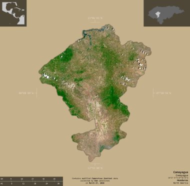 Comayagua, Honduras Departmanı. Sentinel-2 uydu görüntüleri. Bilgilendirici örtülerle sağlam arkaplanda izole edilmiş şekil. Değiştirilmiş Kopernik Sentinel verileri içerir