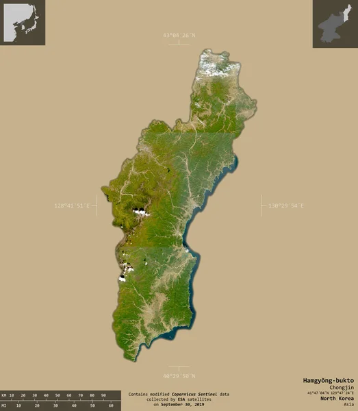 Hamgyong Bukto Province North Korea Sentinel Satellite Imagery Shape Isolated — Stock Photo, Image