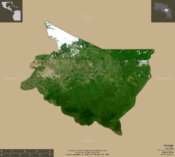 卡塔戈 哥斯达黎加省 2号卫星图像 在坚实的背景上与信息覆盖隔离的形状 包含修改后的哥白尼哨兵数据 — 图库照片