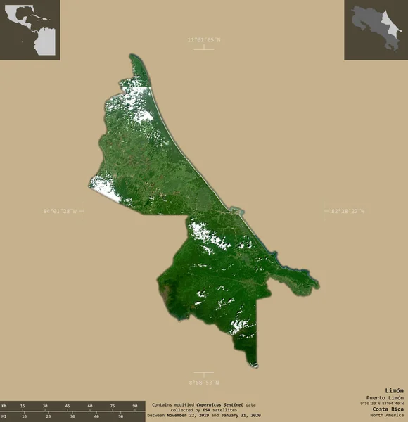 Limón Provincia Costa Rica Imágenes Satelitales Sentinel Forma Aislada Sobre —  Fotos de Stock