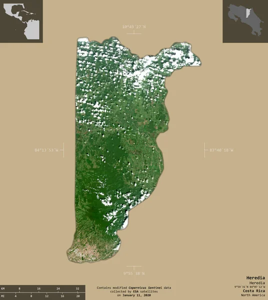 Heredia Província Costa Rica Imagens Satélite Sentinela Forma Isolada Fundo — Fotografia de Stock