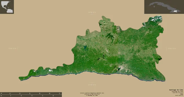 キューバのサンティアゴ キューバ州 センチネル 2衛星画像 有益なオーバーレイと固体背景に隔離形状 修正されたコペルニクスセンチネルデータが含まれています — ストック写真
