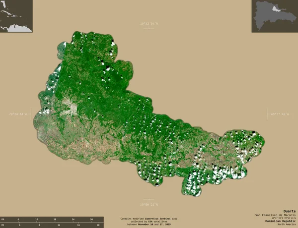 Duarte Provincia República Dominicana Imágenes Satelitales Sentinel Forma Aislada Sobre —  Fotos de Stock