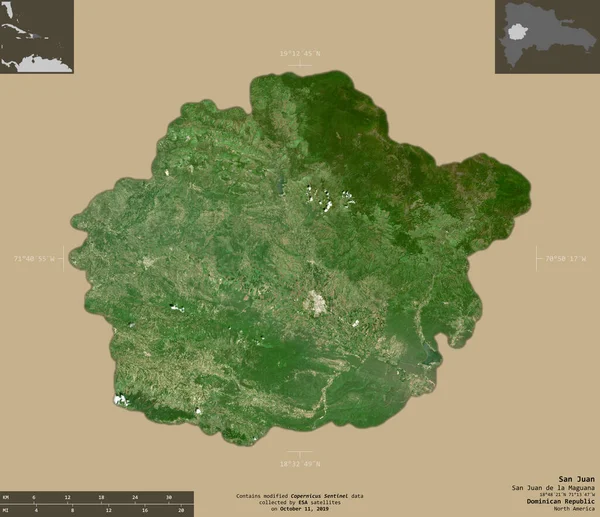 多米尼加共和国圣胡安省 2号卫星图像 在坚实的背景上与信息覆盖隔离的形状 包含修改后的哥白尼哨兵数据 — 图库照片