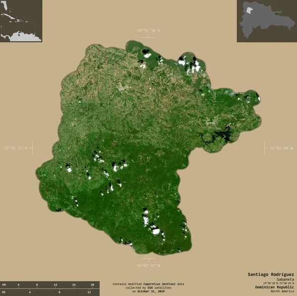 圣地亚哥罗德里格斯 多米尼加共和国省 2号卫星图像 在坚实的背景上与信息覆盖隔离的形状 包含修改后的哥白尼哨兵数据 — 图库照片