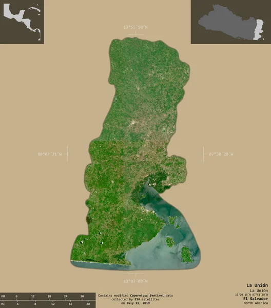 Union 萨尔瓦多省 2号卫星图像 在坚实的背景上与信息覆盖隔离的形状 包含修改后的哥白尼哨兵数据 — 图库照片