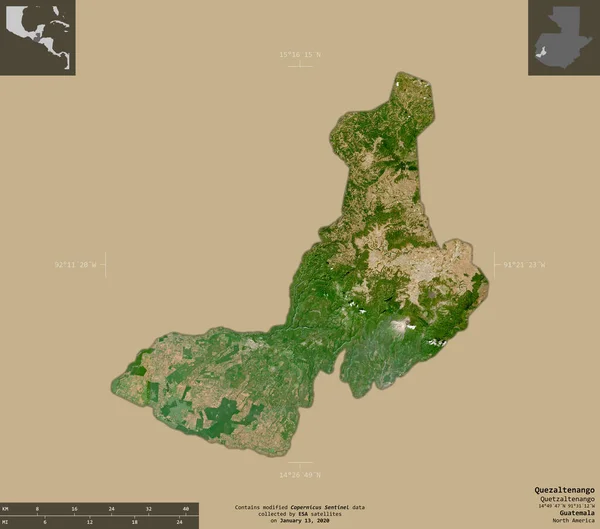 Quezaltenango 危地马拉省 2号卫星图像 在坚实的背景上与信息覆盖隔离的形状 包含修改后的哥白尼哨兵数据 — 图库照片